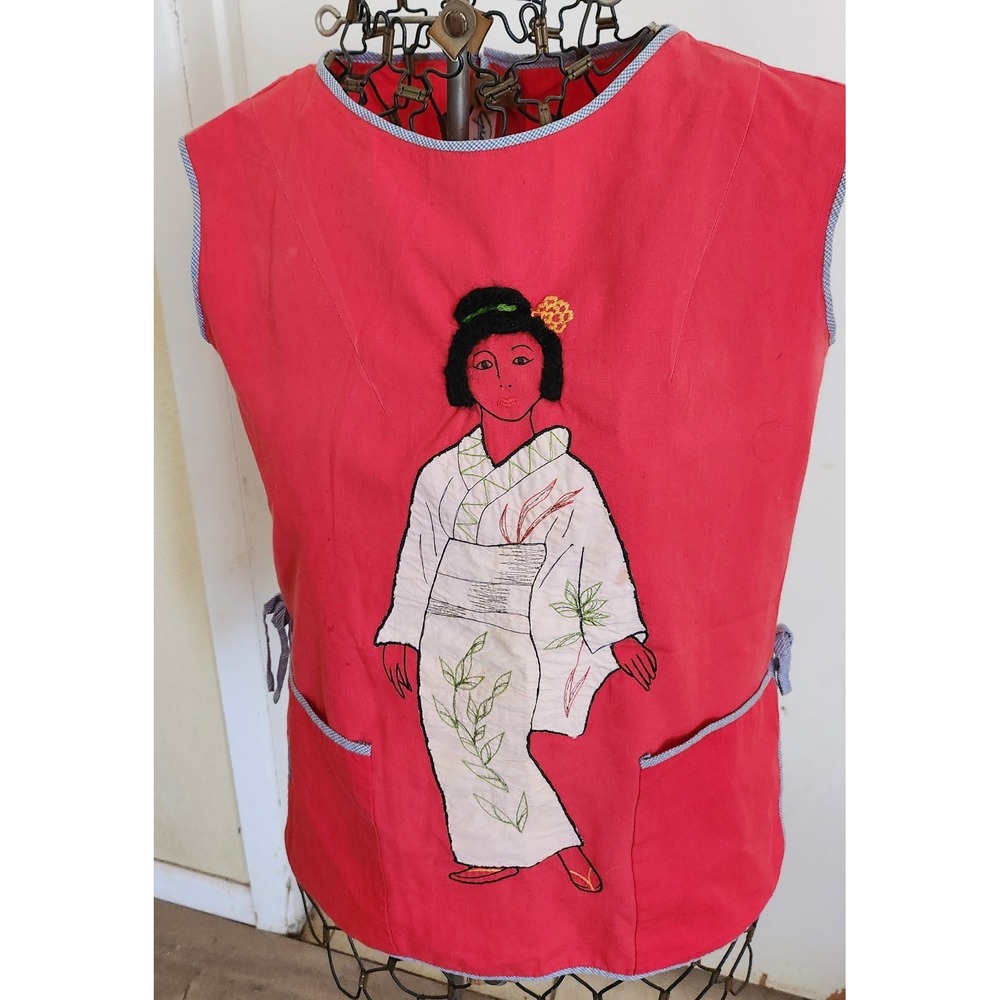 Large Red Embroidered Frock,‎ Smock, Apron, Grandwear, Pockets, Button Up Back